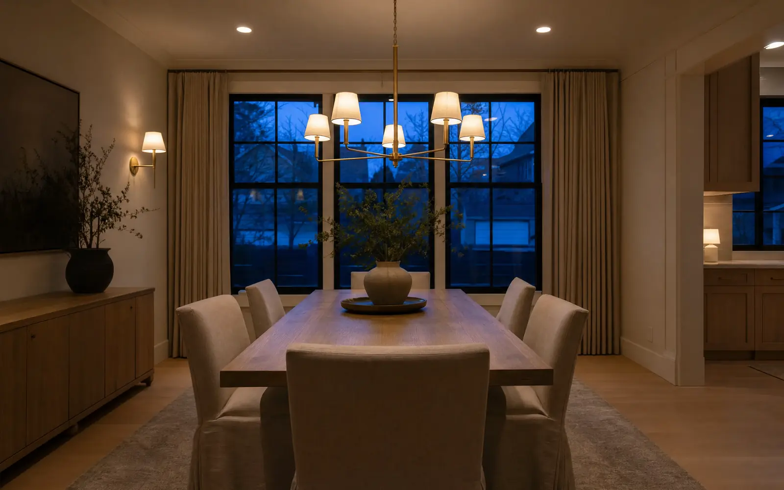 Dining room at dusk under a brass chandelier
