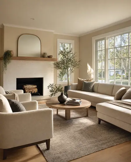 Living room with a new ceiling and painted brick fireplace