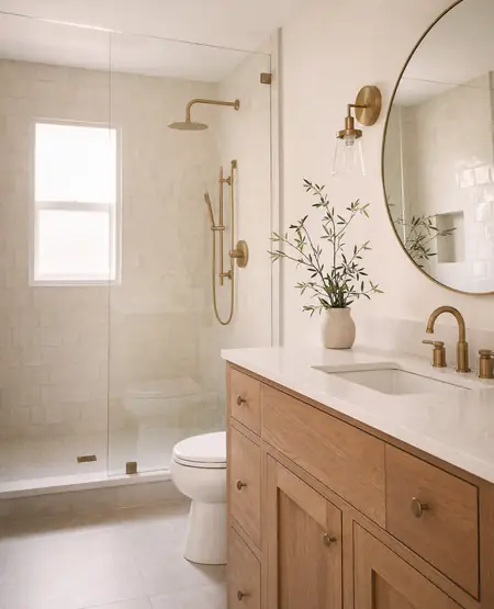 Bathroom with cream tile shower and oak vanity
