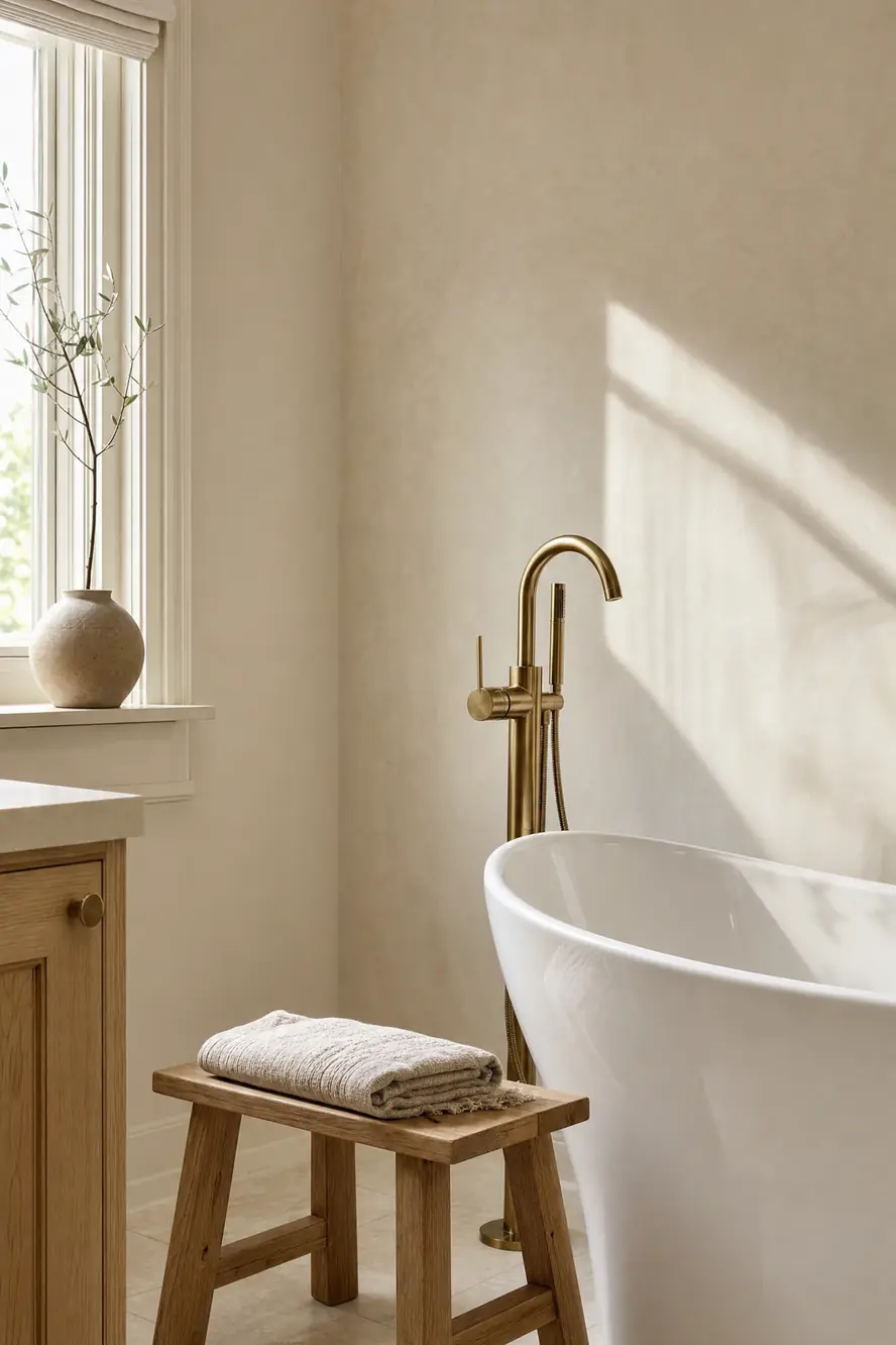 Freestanding tub beside a cream plaster wall