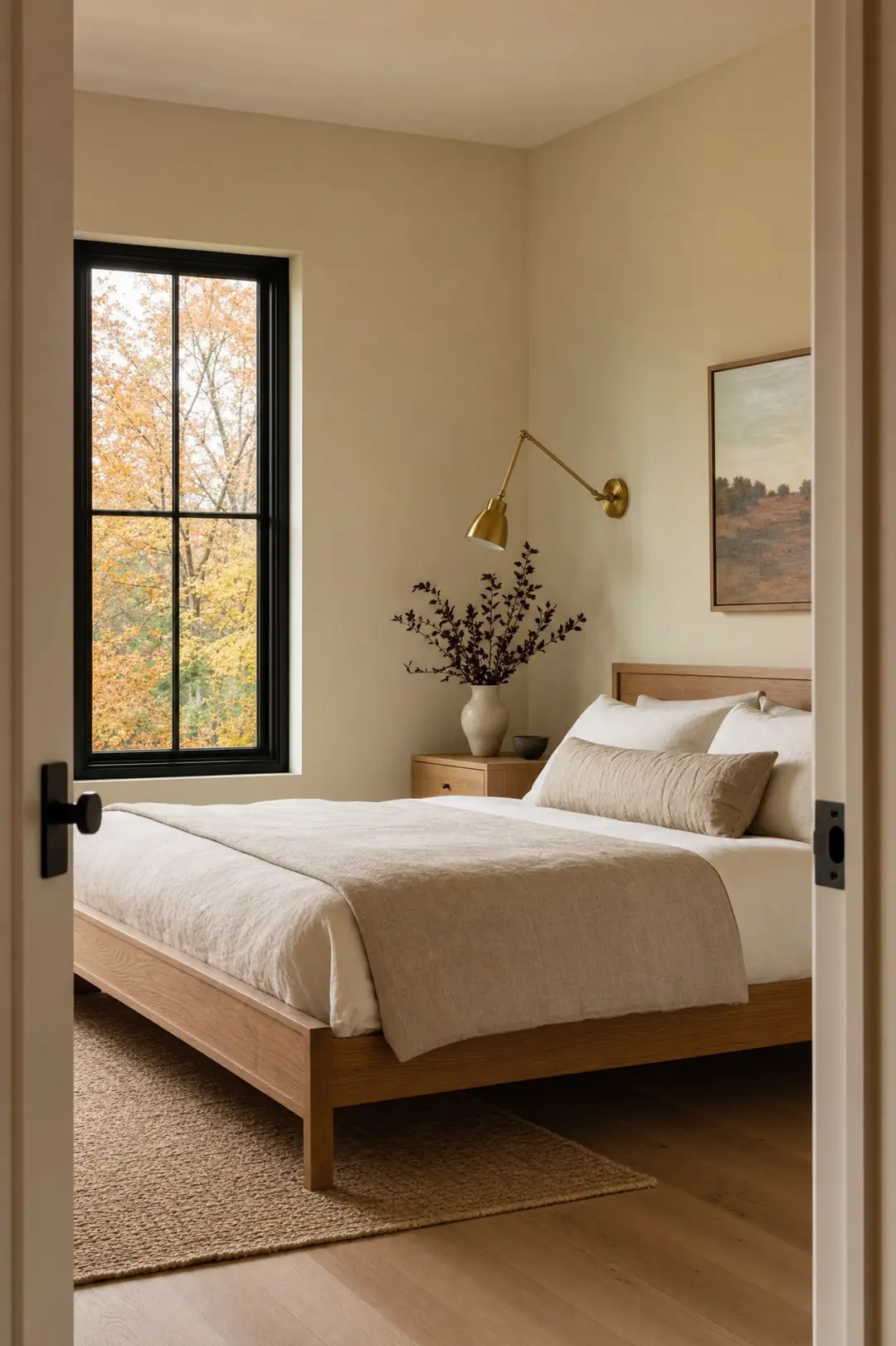 Bedroom with oak bed and autumn trees outside